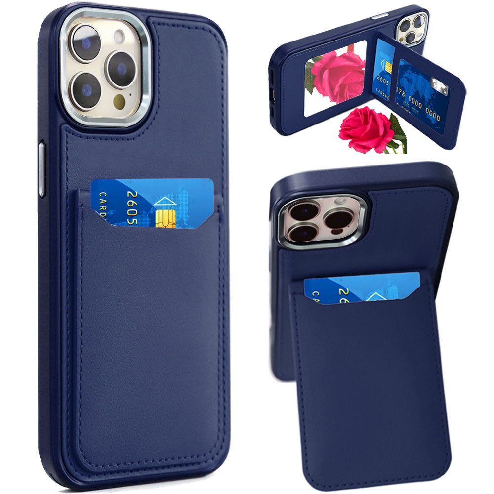 For iPhone 12 Pro Max Case PU Leather Card Cover with Mirror + Tempered Glass