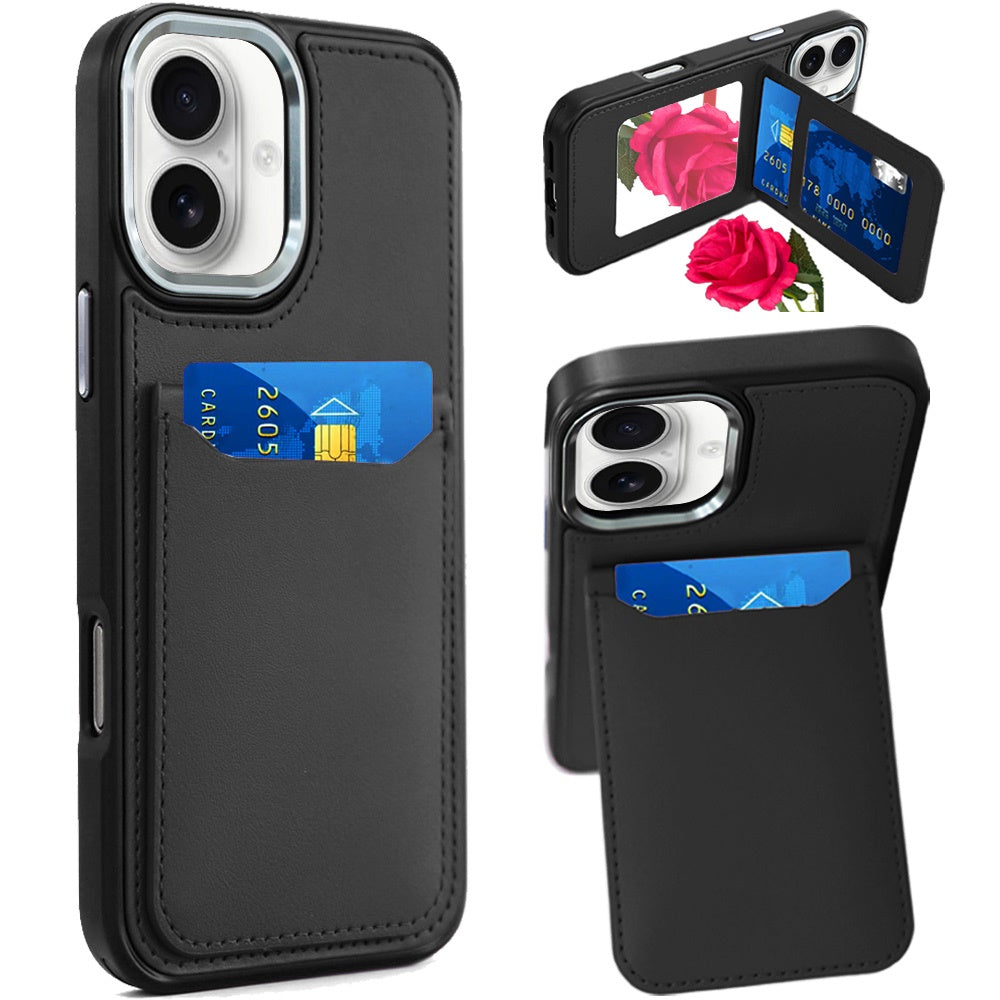 For iPhone 16 6.1inch Case PU Leather Card Cover with Mirror + Tempered Glass