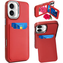 For iPhone 16 6.1inch Case PU Leather Card Cover with Mirror + Tempered Glass