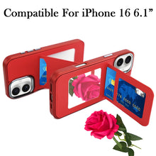 For iPhone 16 6.1inch Case PU Leather Card Cover with Mirror + Tempered Glass