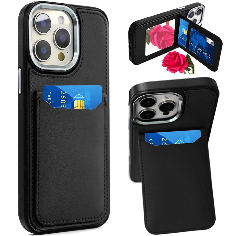 For iPhone 13 Pro Max 6.7 inch Case PU Leather Card Cover with Compact Mirror