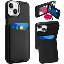 For iPhone 13/14 Case PU Leather Card Cover with Compact Mirror + Tempered Glass