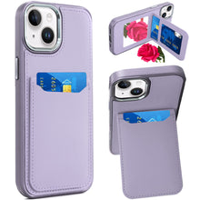For iPhone 13/14 Case PU Leather Card Cover with Compact Mirror + Tempered Glass