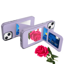 For iPhone 13/14 Case PU Leather Card Cover with Compact Mirror + Tempered Glass