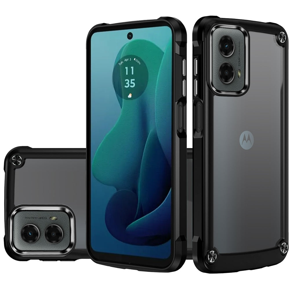 For Moto G 5G (2024) Case Hybrid Cover Metal Buttons Clear Back +Tempered Glass