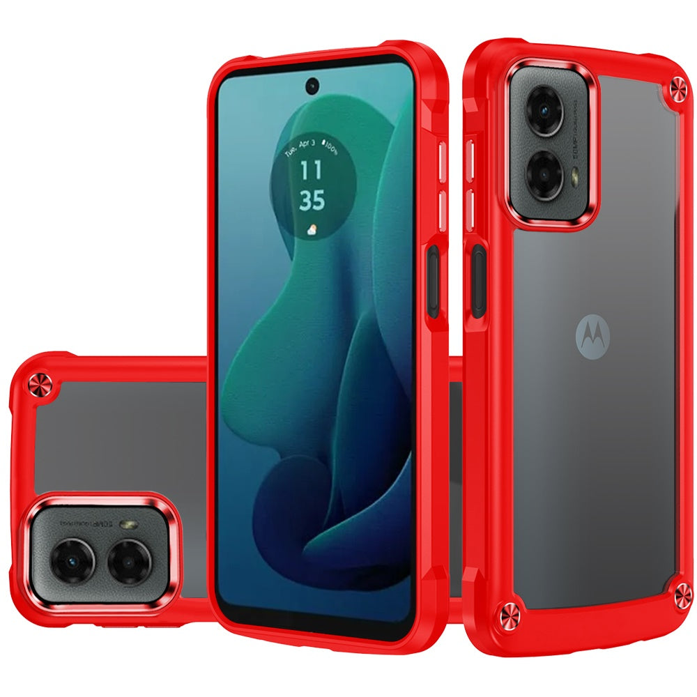 For Moto G 5G (2024) Case Hybrid Cover Metal Buttons Clear Back +Tempered Glass