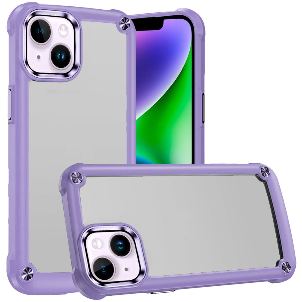 For iPhone 13/14 Case Hybrid Cover Metal Buttons Raised Bezel + Tempered Glass