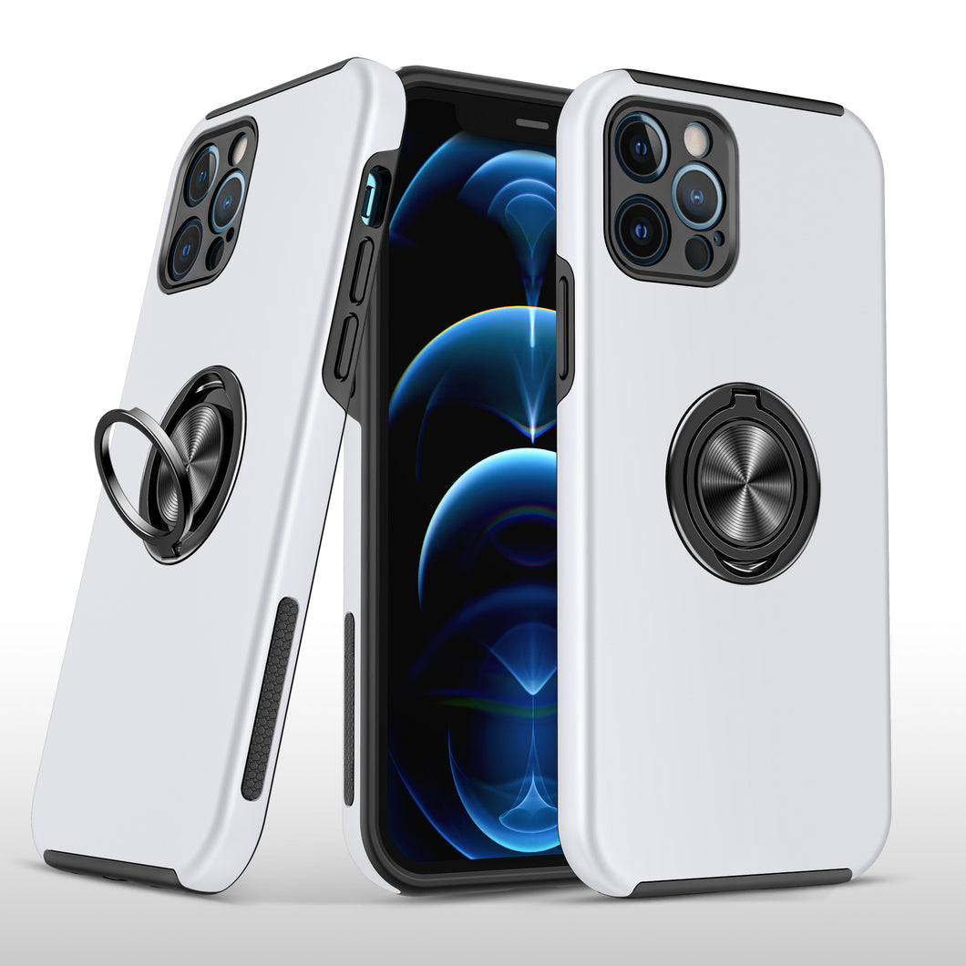 For iPhone XR Case Rubberized Dual Layer Metal Ring Stand Cover + Tempered Glass