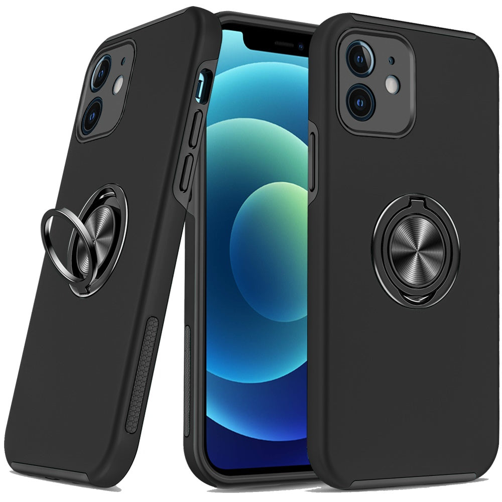 For iPhone 12/12 Pro Case Rubber Dual Layer Magnetic RingStand + Tempered Glass