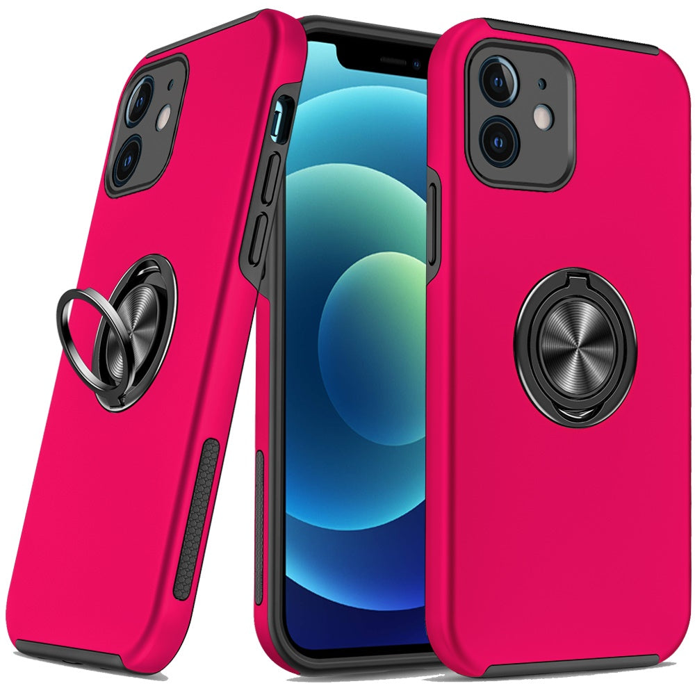For iPhone 12/12 Pro Case Rubber Dual Layer Magnetic RingStand + Tempered Glass