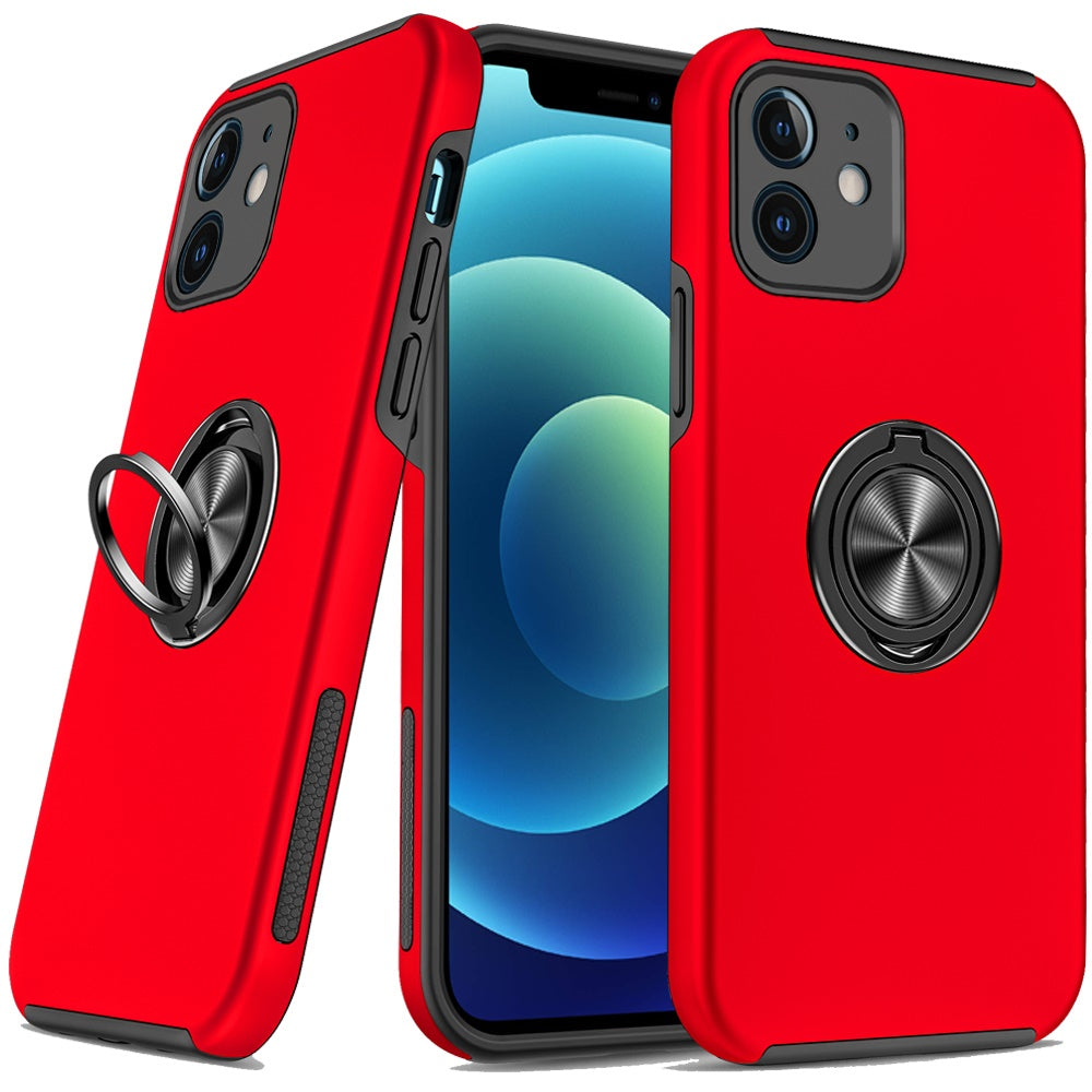 For iPhone 12/12 Pro Case Rubber Dual Layer Magnetic RingStand + Tempered Glass
