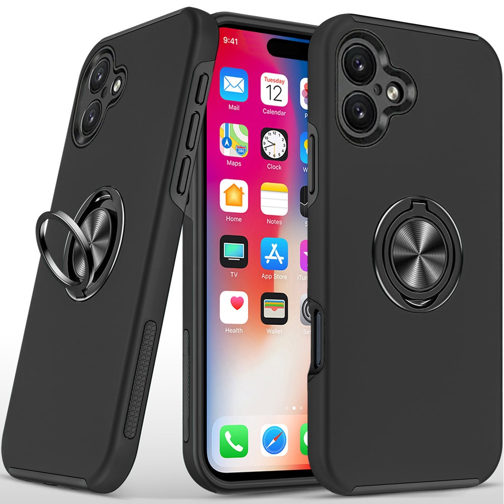 For iPhone 16 6.1inch Case Dual Layer Magnetic Ring Stand Hybrid +Tempered Glass