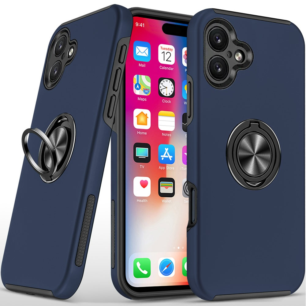 For iPhone 16 6.1inch Case Dual Layer Magnetic Ring Stand Hybrid +Tempered Glass