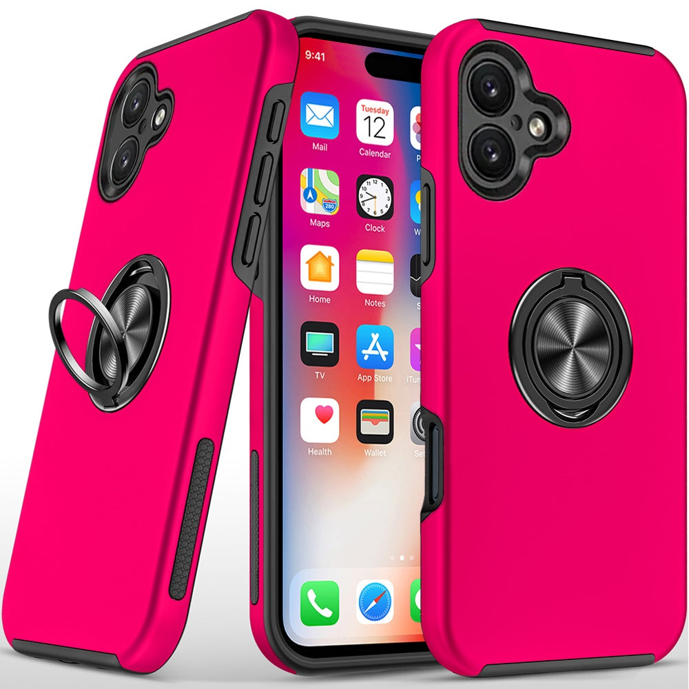 For iPhone 16 6.1inch Case Dual Layer Magnetic Ring Stand Hybrid +Tempered Glass