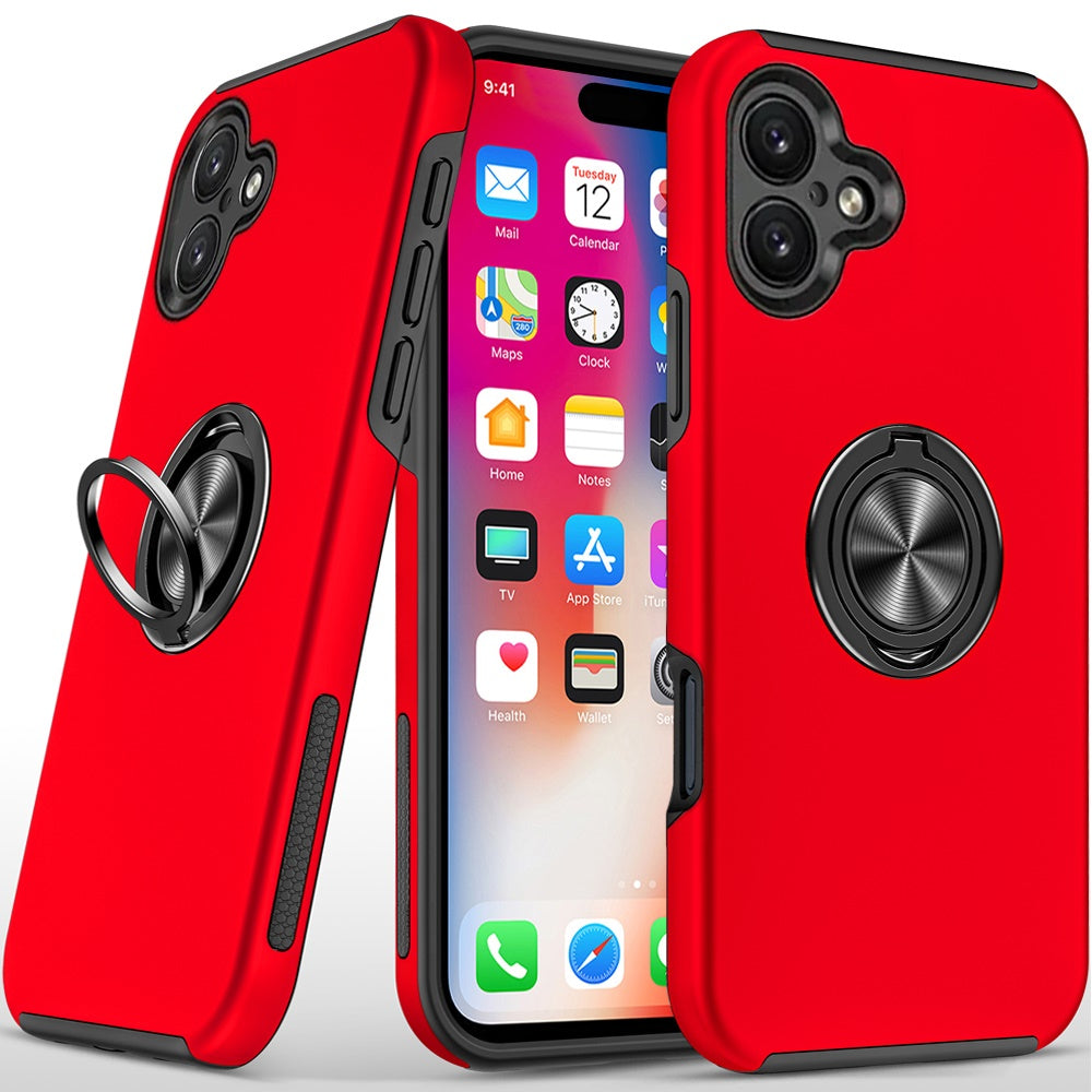 For iPhone 16 6.1inch Case Dual Layer Magnetic Ring Stand Hybrid +Tempered Glass