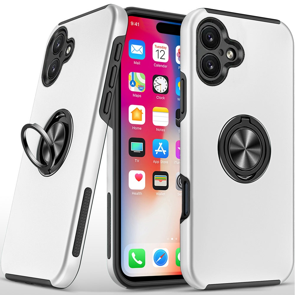 For iPhone 16 6.1inch Case Dual Layer Magnetic Ring Stand Hybrid +Tempered Glass