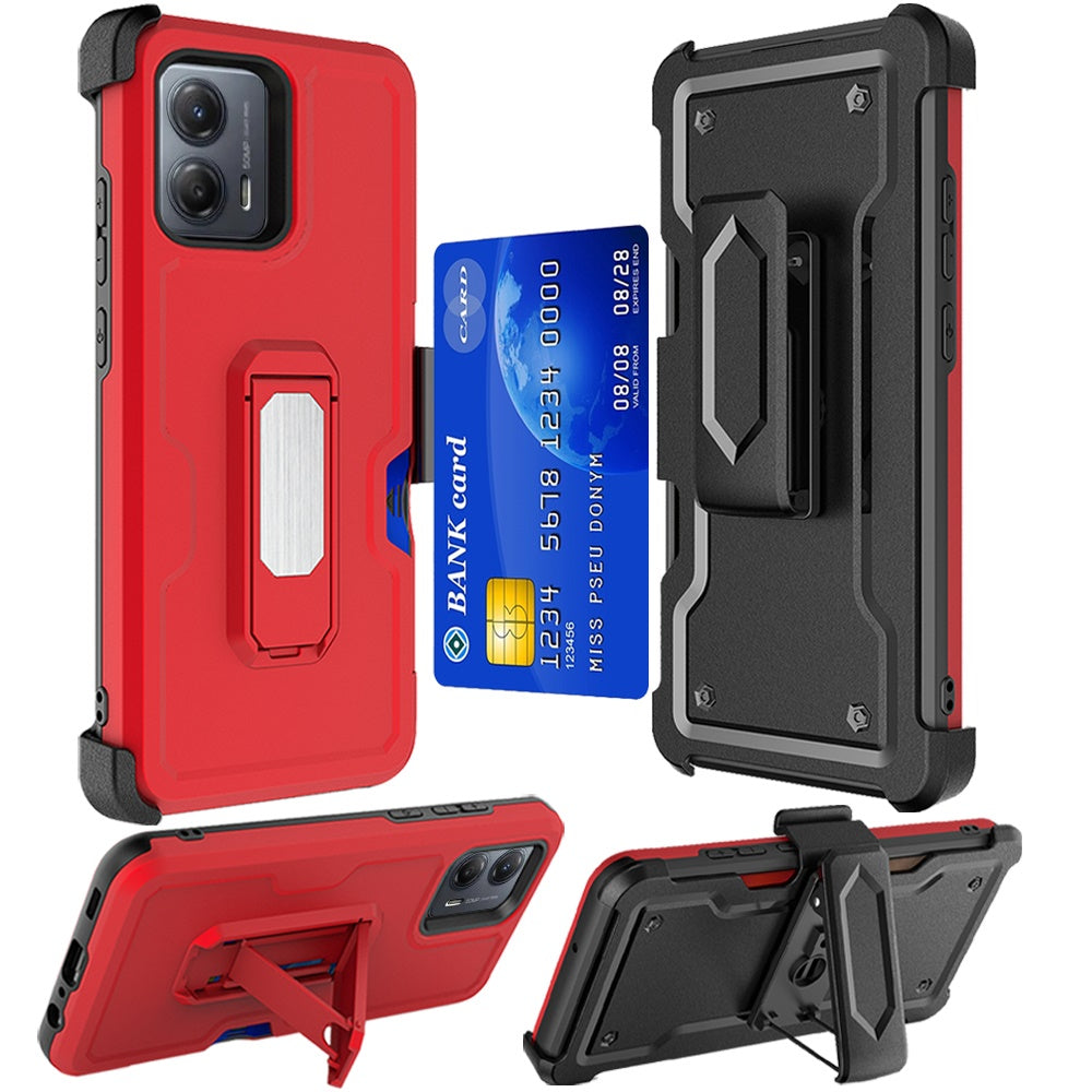 For Moto G 5G (2024) Case Card Holder Holster Clip with Stand + Tempered Glass