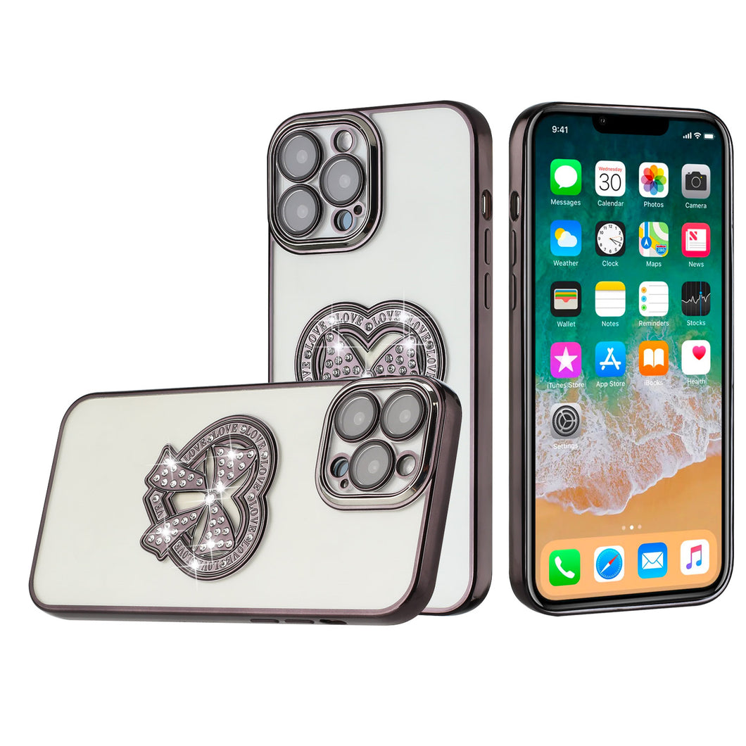 For iPhone 14 PRO Case Faux Crystals Heart Bowknot on Chromed Hybrid Phone Cover