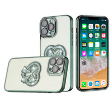For iPhone 14 PRO Case Faux Crystals Heart Bowknot on Chromed Hybrid Phone Cover