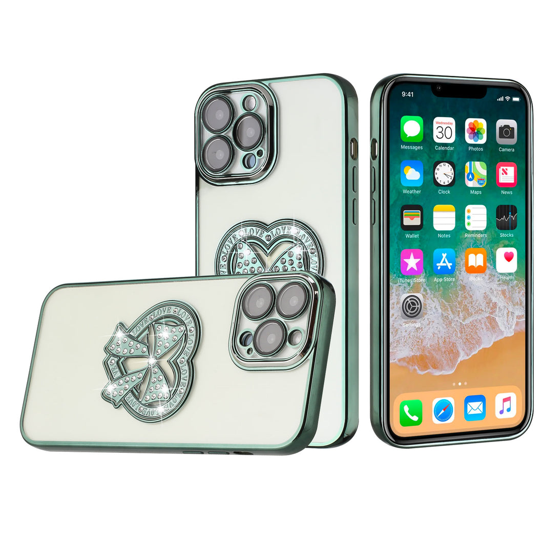 For iPhone 14 PRO Case Faux Crystals Heart Bowknot on Chromed Hybrid Phone Cover