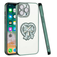 For iPhone 14 PRO Case Faux Crystals Heart Bowknot on Chromed Hybrid Phone Cover