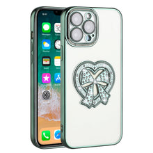 For iPhone 14 PRO Case Faux Crystals Heart Bowknot on Chromed Hybrid Phone Cover