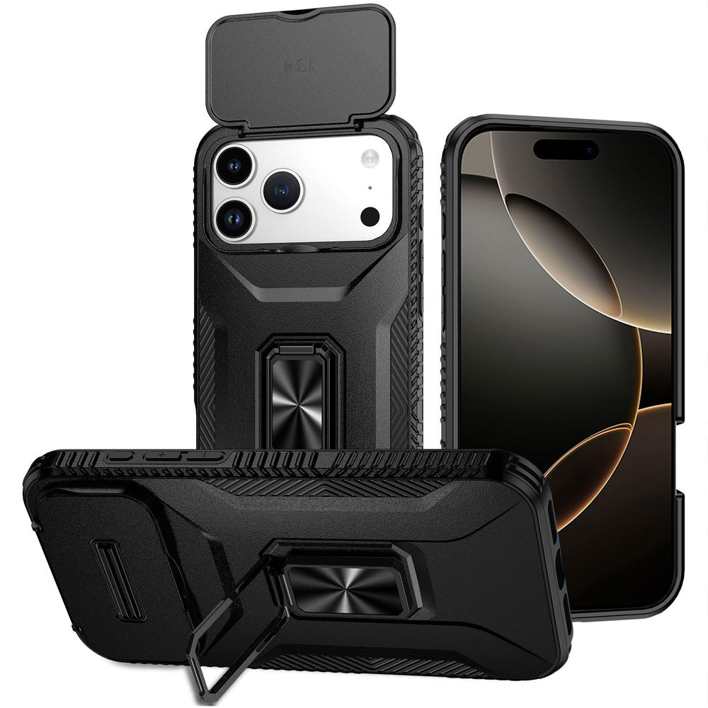For iPhone 17 PRO Case Full Coverage Metal Stand and Lens Cover + Tempered Glass