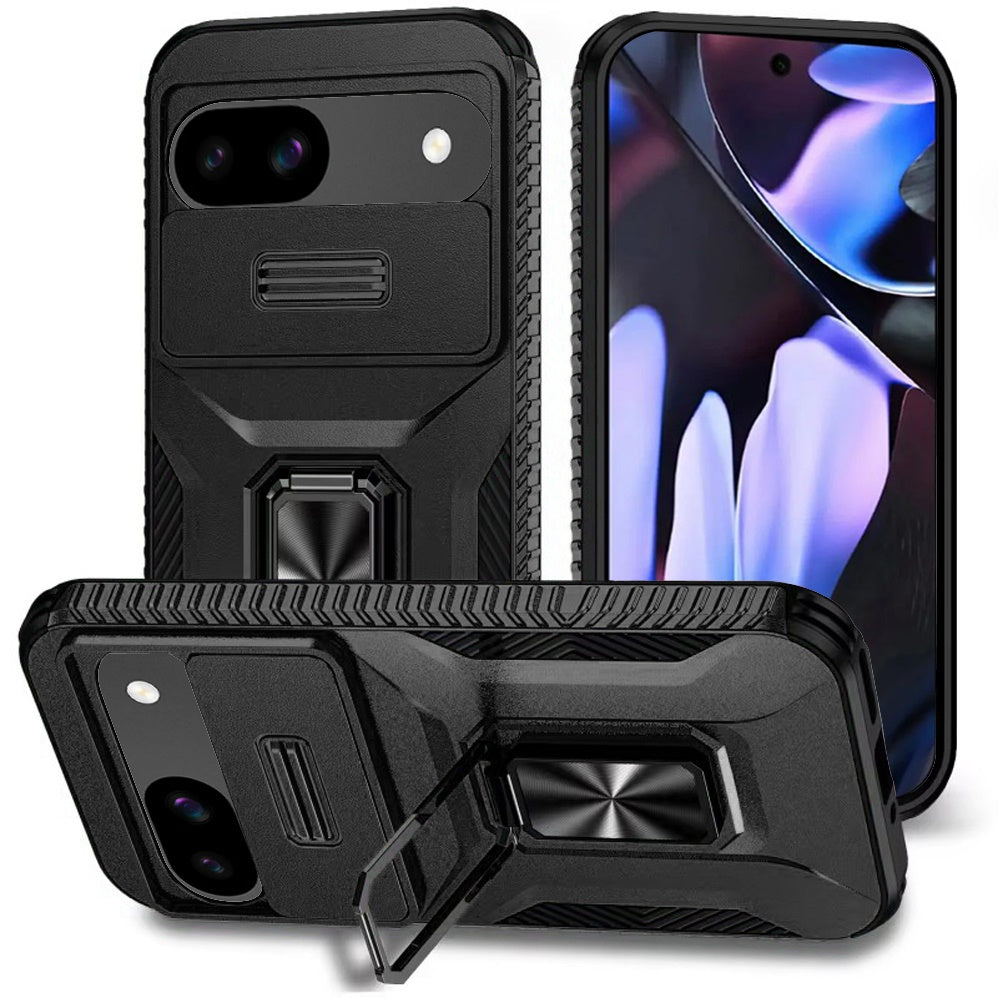 For Google Pixel 9a Case Full Coverage Metal Stand Lens Cover + Tempered Glass