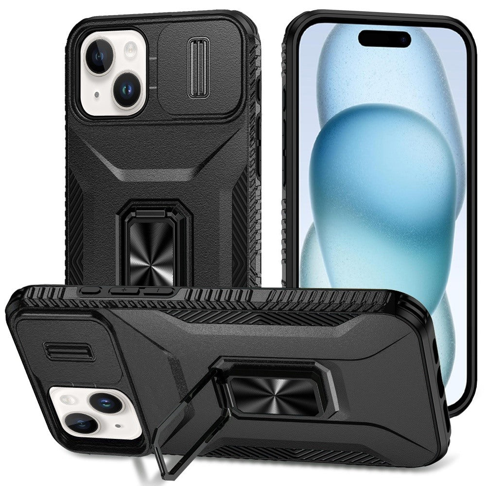 For iPhone 15 Case Full Coverage Metal Stand Lens Cover + 2 Tempered Glass