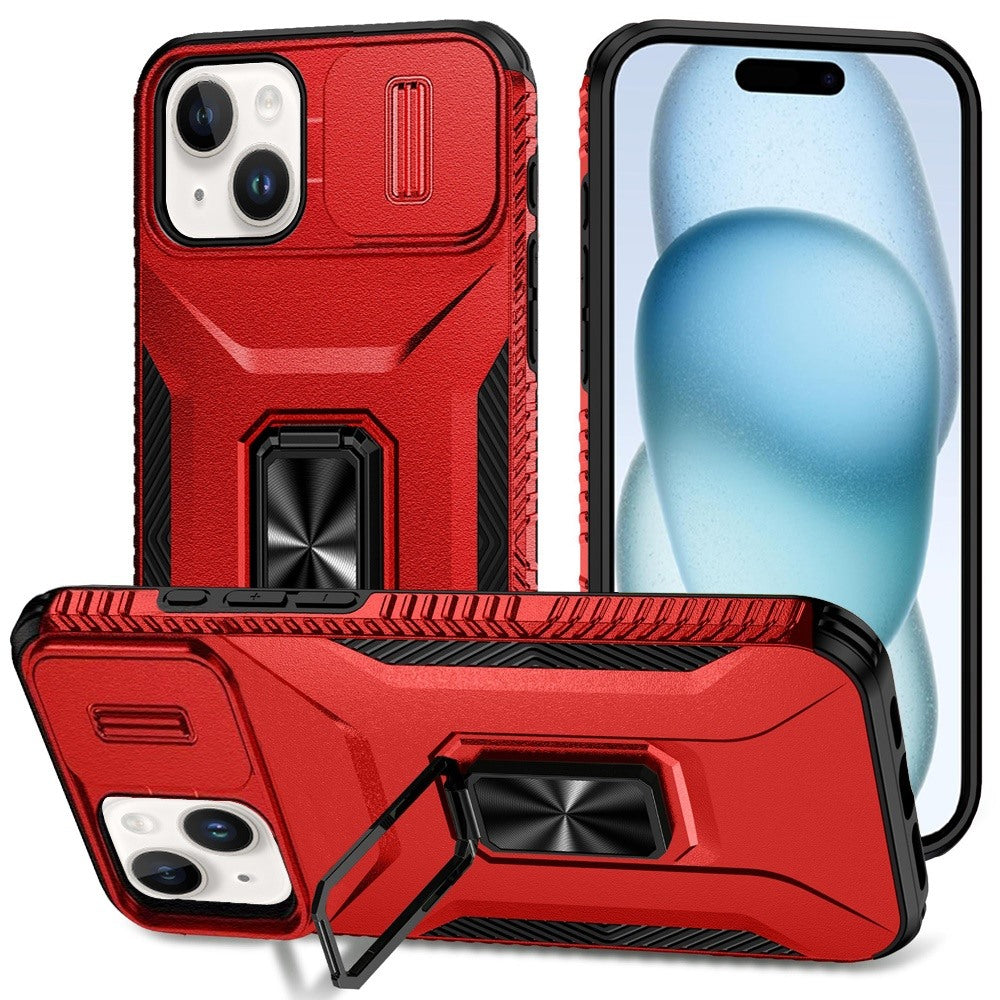 For iPhone 15 Case Full Coverage Metal Stand Lens Cover + 2 Tempered Glass