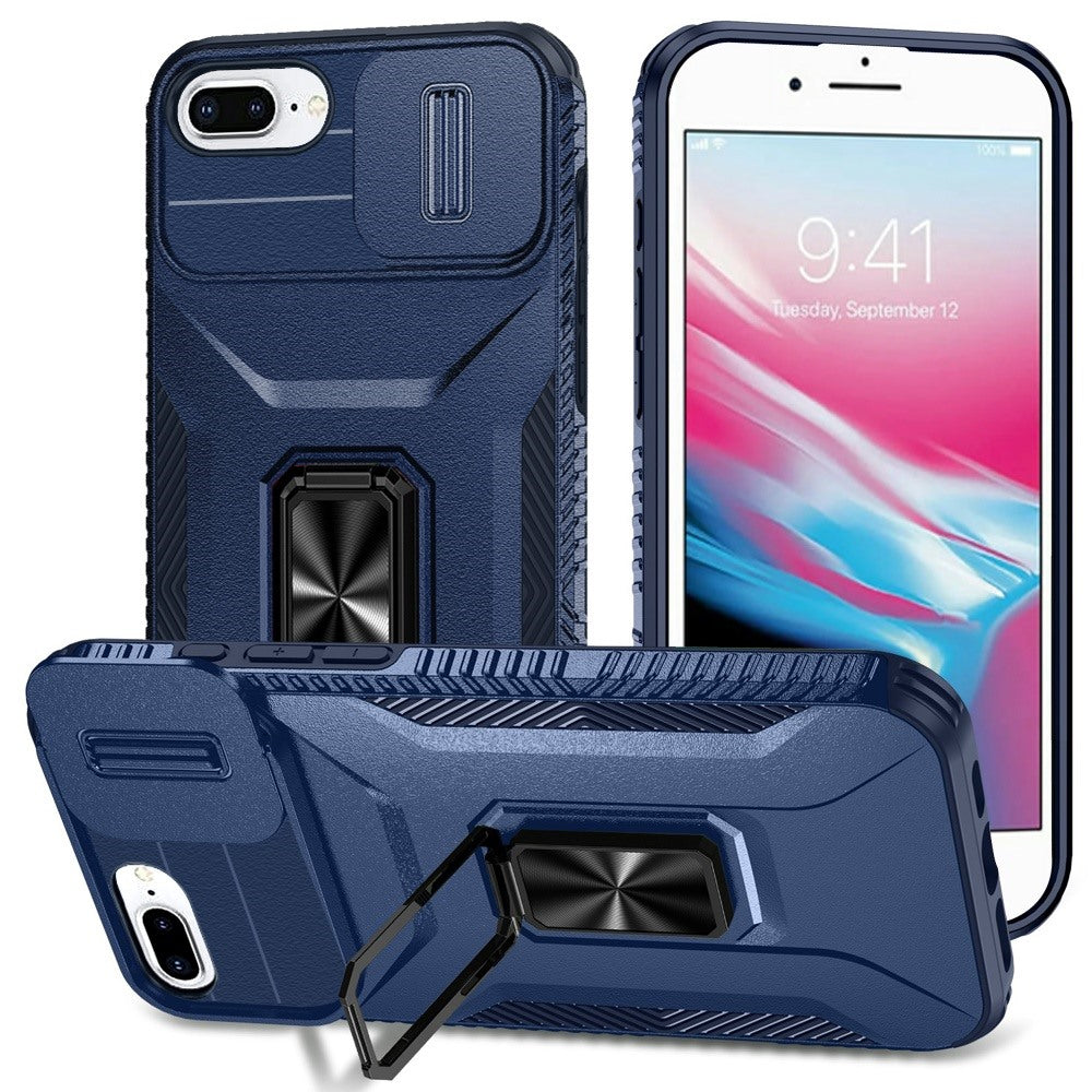 For iPhone 8 Plus/7 Plus Case with Metal Stand and Lens Cover + Tempered Glass