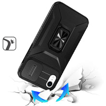 For iPhone XR Case Full Coverage Metal Stand Sliding Lens Cover + Tempered Glass