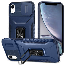 For iPhone XR Case Full Coverage Metal Stand Sliding Lens Cover + Tempered Glass