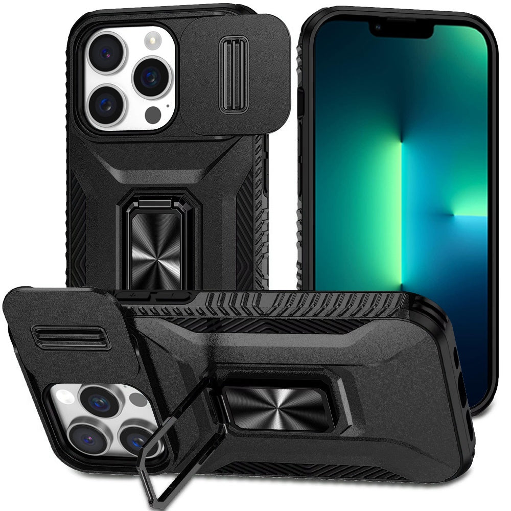 For iPhone 13 Pro Max 6.7 inch Case Metal Ring Stand Sliding Camera Lens Cover