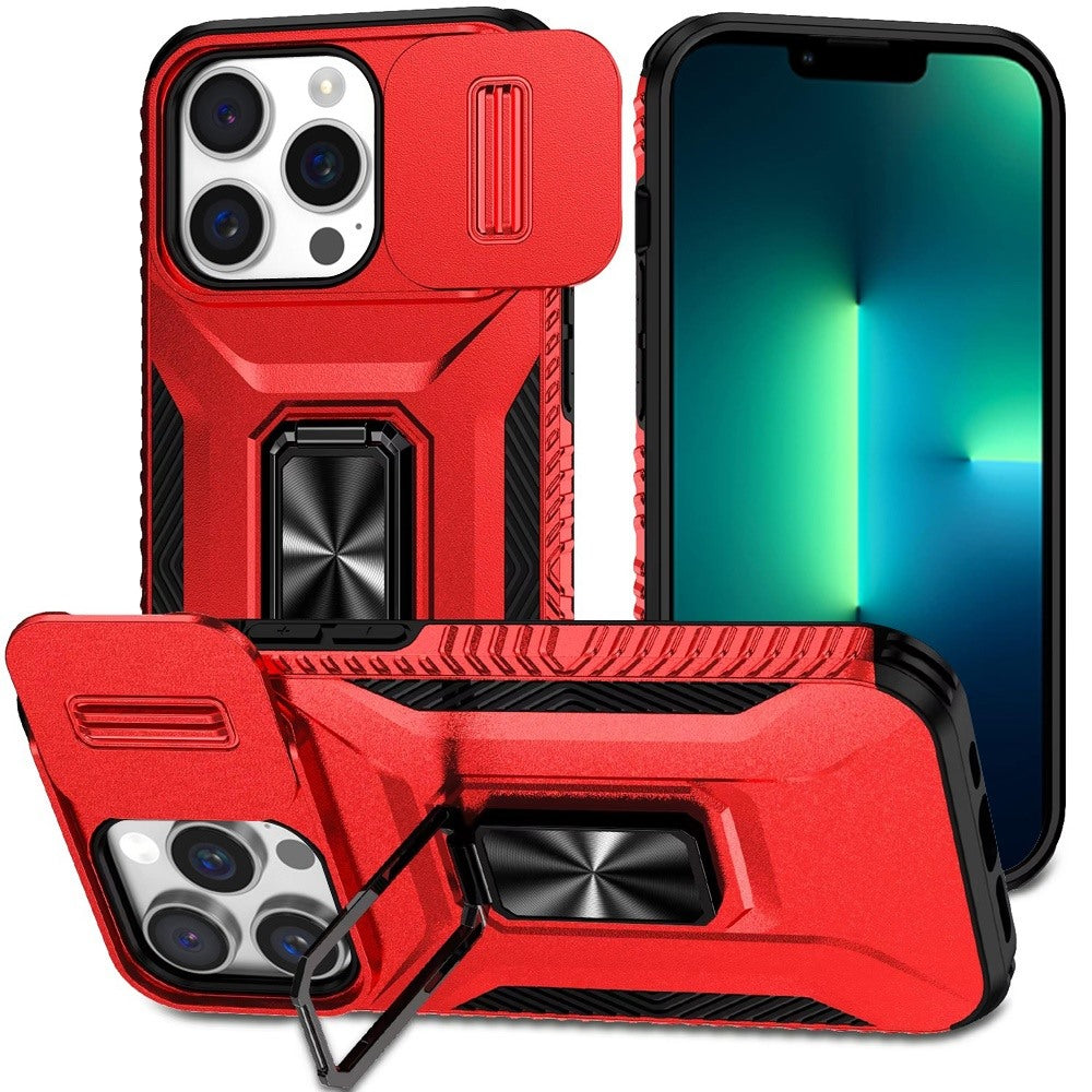 For iPhone 13 Pro Max 6.7 inch Case Metal Ring Stand Sliding Camera Lens Cover