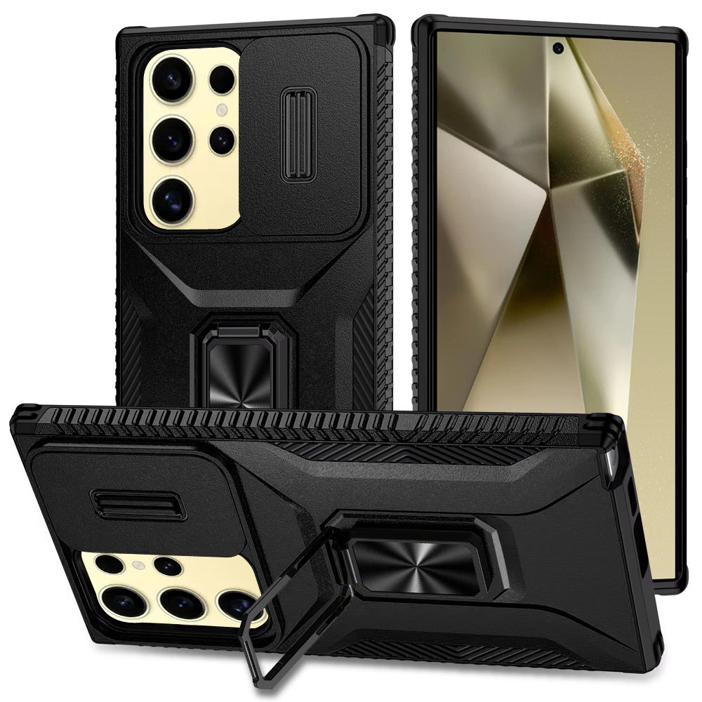 For Samsung S23 Ultra Case Rugged Side Grip Metal Stand and Sliding Lens Cover