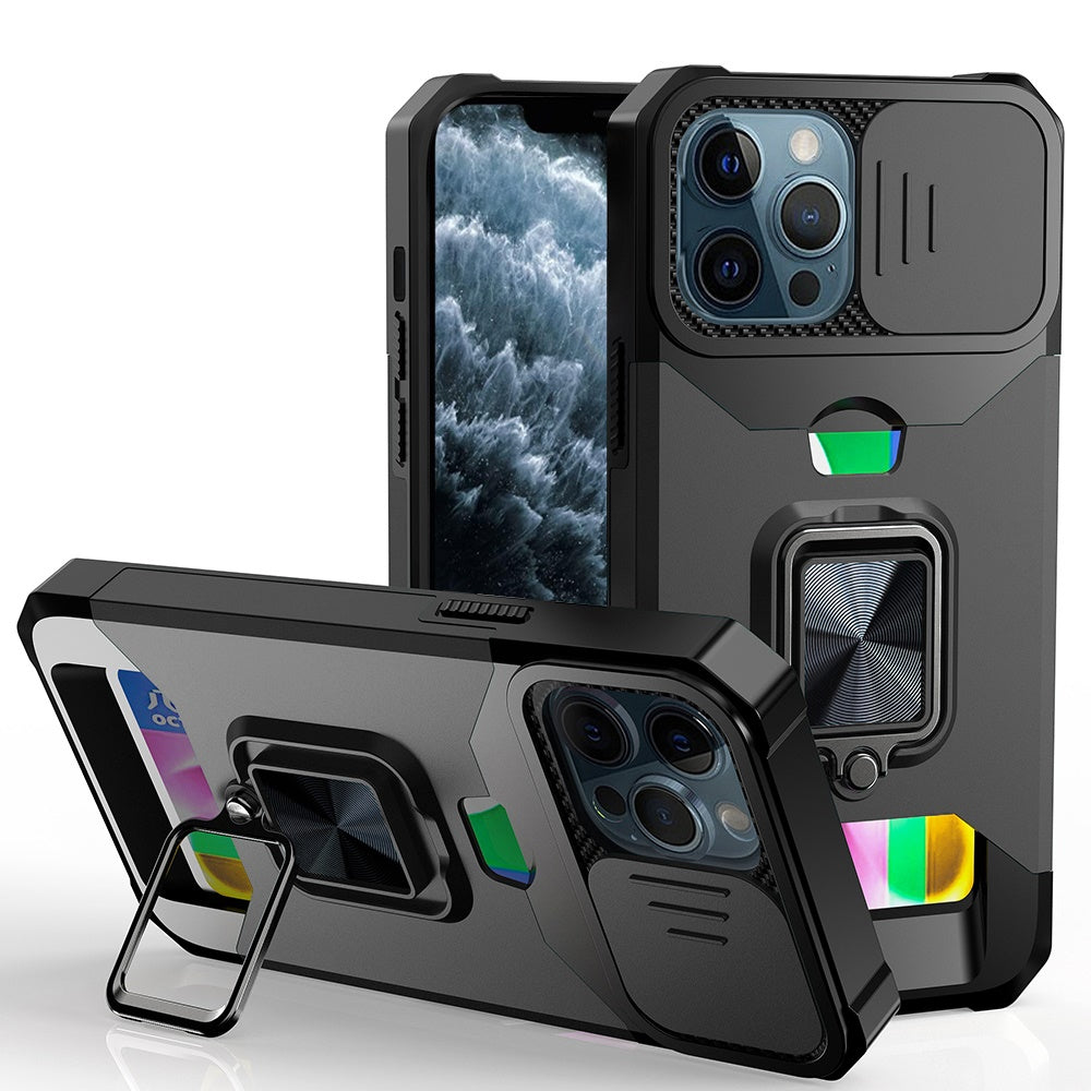 For iPhone 11 Pro Max Case Multi-Use Card Holder with Lens Cover +Tempered Glass