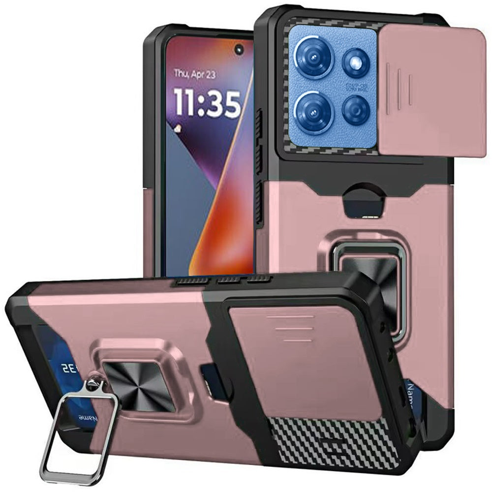 For Moto G 2025 Case Multi-Use Card Slot w/ Magnetic Ring Stand + Tempered Glass