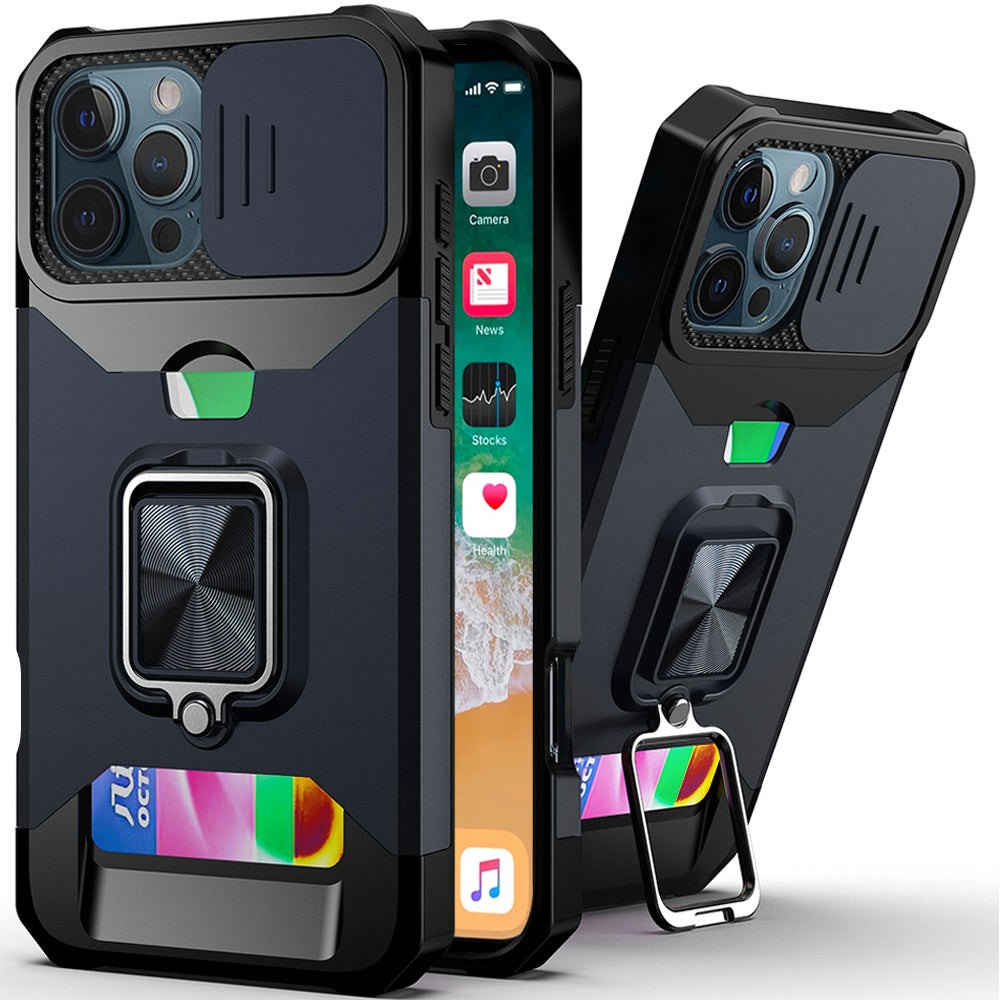 For iPhone 16 PRO MAX Case Multi-Use Card Slot Ring Stand Cover + Tempered Glass