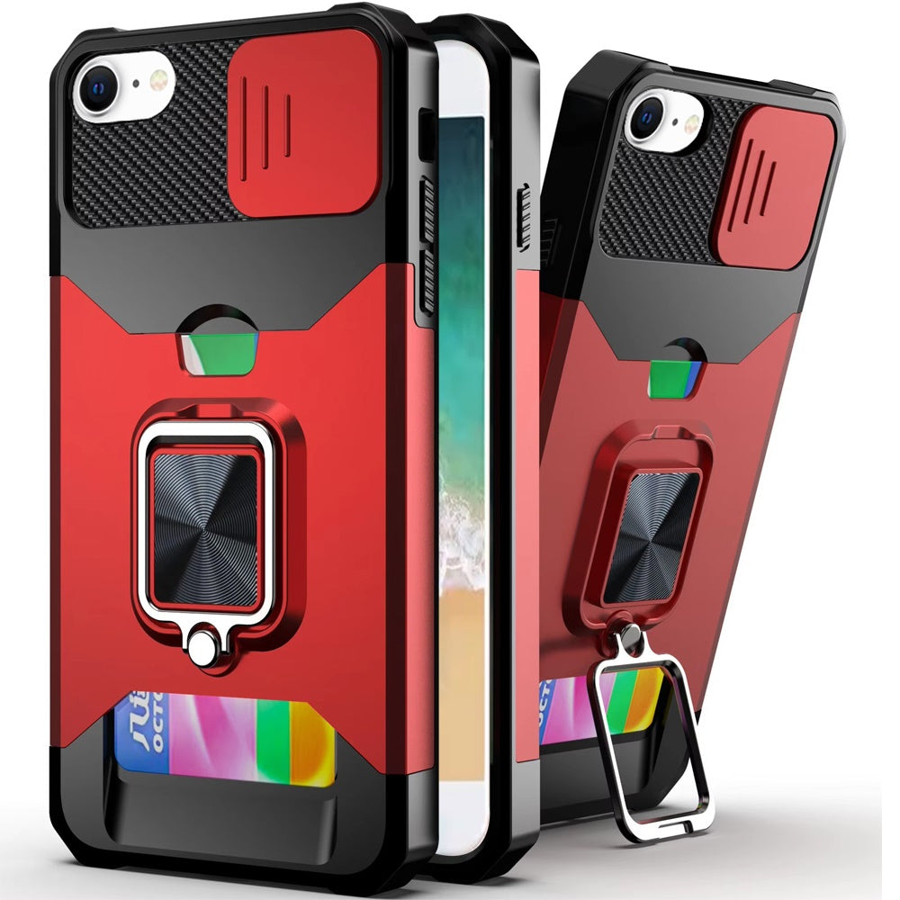 For iPhone 16e Case Multi-Use Card Magnetic Ring Stand Cover + Tempered Glass