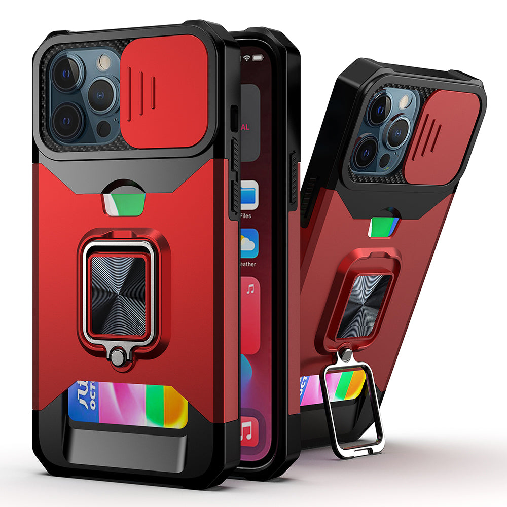 For iPhone 12/12 Pro Case Multi-Use Card Holder with Lens Cover + Tempered Glass