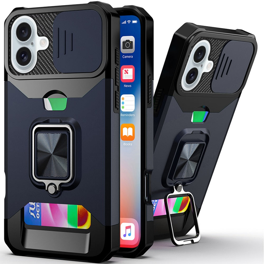 For iPhone 16 6.1inch Case Multi-Use Card Slot Ring Stand Cover + Tempered Glass