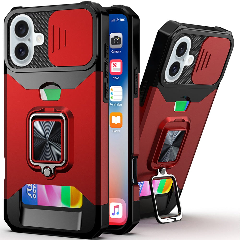 For iPhone 16 6.1inch Case Multi-Use Card Slot Ring Stand Cover + Tempered Glass