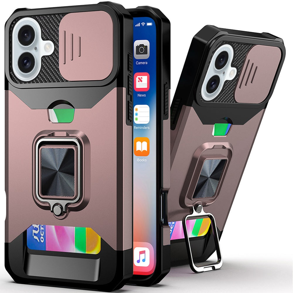 For iPhone 16 6.1inch Case Multi-Use Card Slot Ring Stand Cover + Tempered Glass