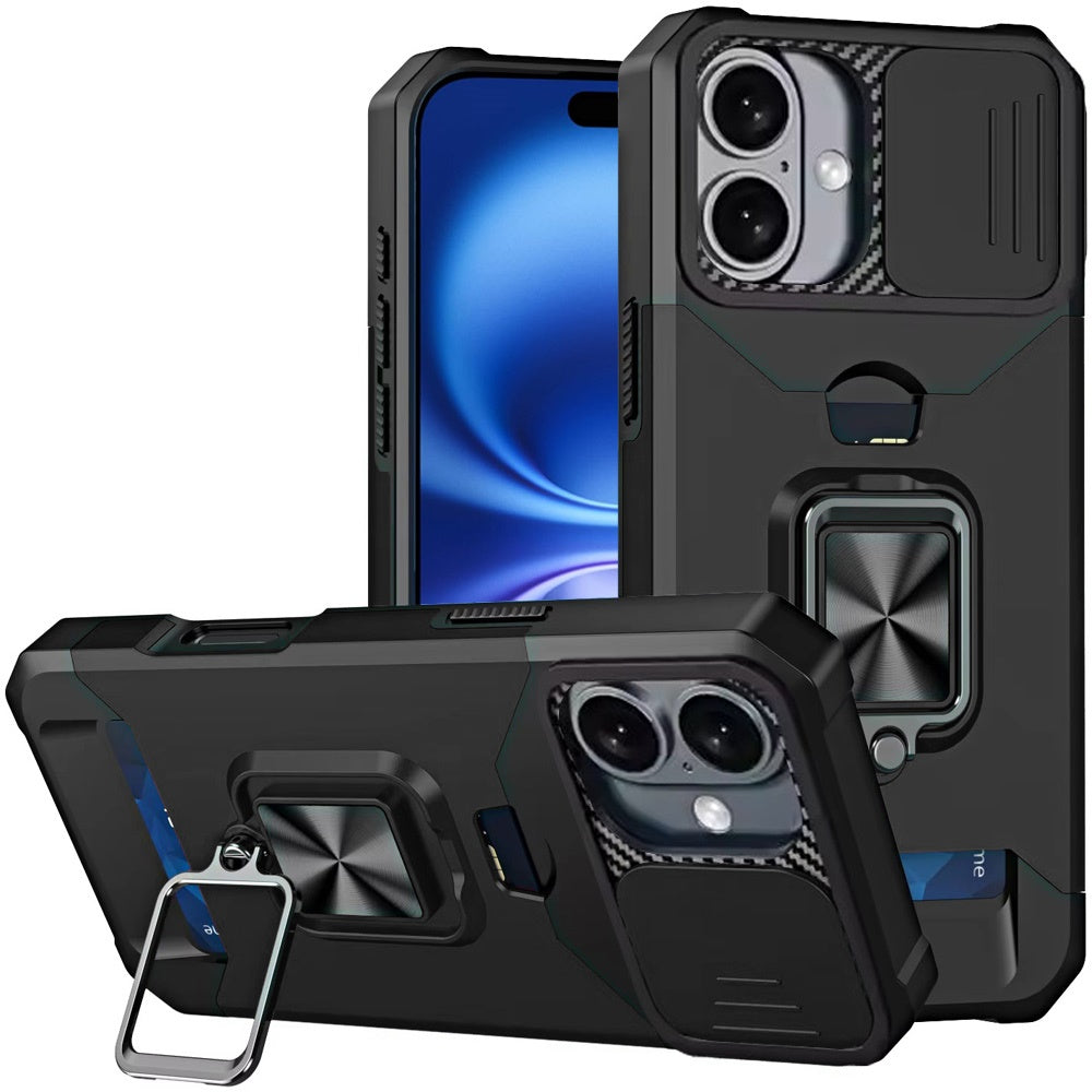 For iPhone 17 Case Multi-Use Card Holder Stand with Lens Cover + Tempered Glass