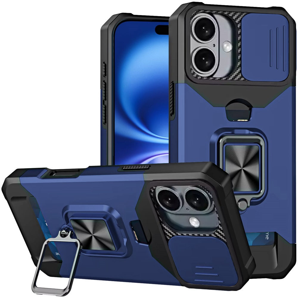 For iPhone 17 Case Multi-Use Card Holder Stand with Lens Cover + Tempered Glass