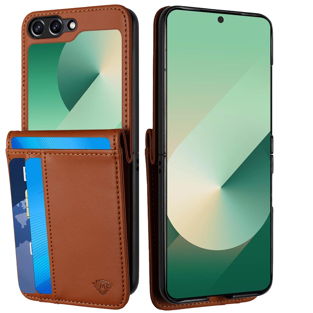 For Samsung Z Flip7 Case Vegan Leather Phone Wallet Card Slots + Tempered Glass