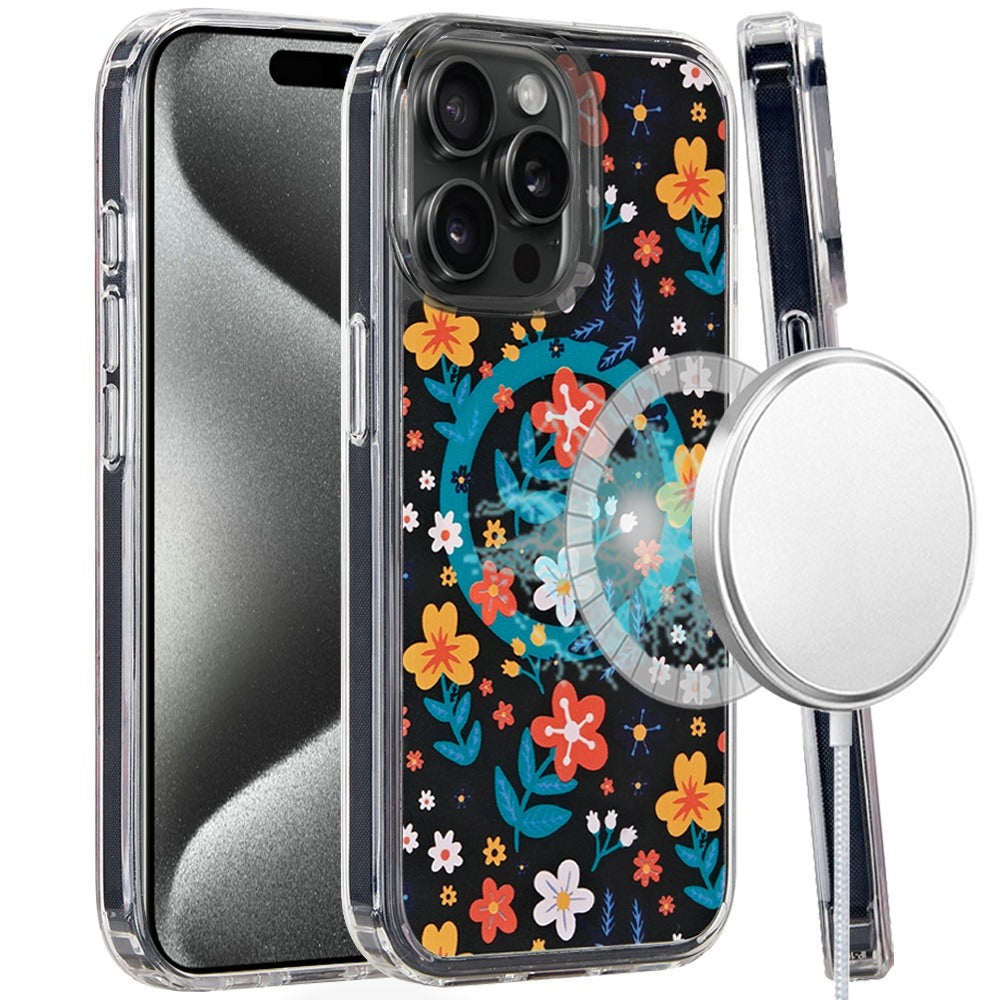 For iPhone 15 Pro Max Case Magnetic Circle Printed UV Design + 2 Tempered Glass