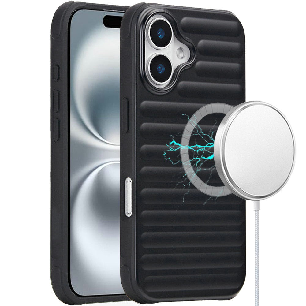For iPhone 16 6.1inch Case Magnetic Circle Chrome Padded Look + Tempered Glass
