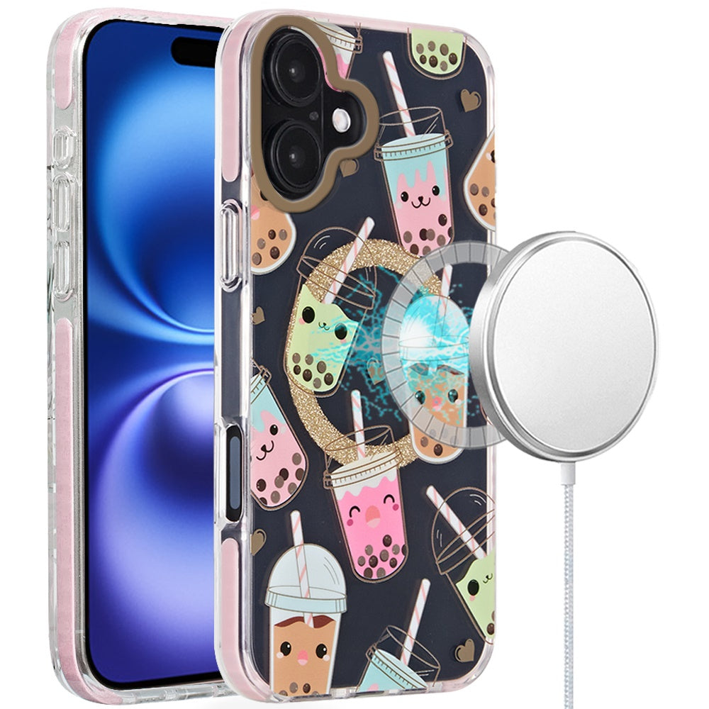 For iPhone 16 6.1inch Case Dual Layer IMD Design Magnetic Circle +Tempered Glass